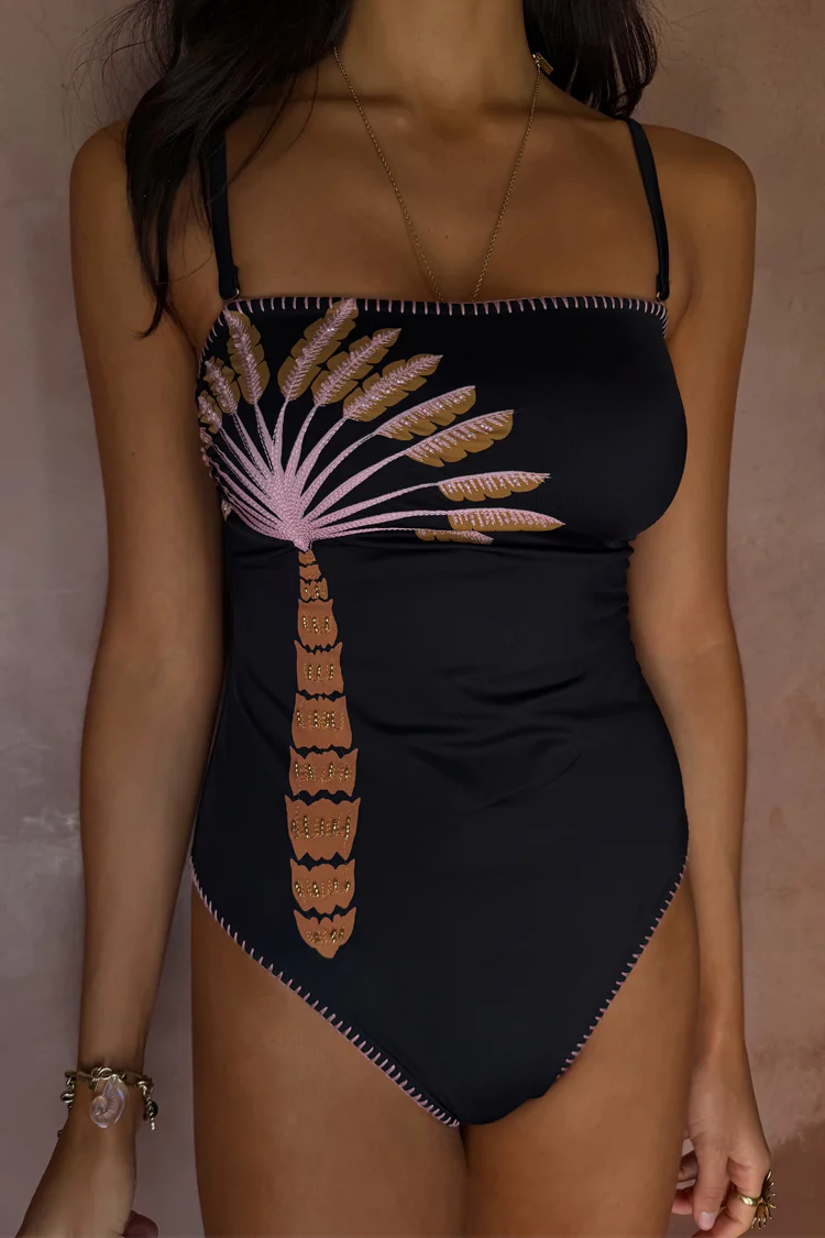 Black Palm Embroidered Bandeau Swimsuit - Image 9