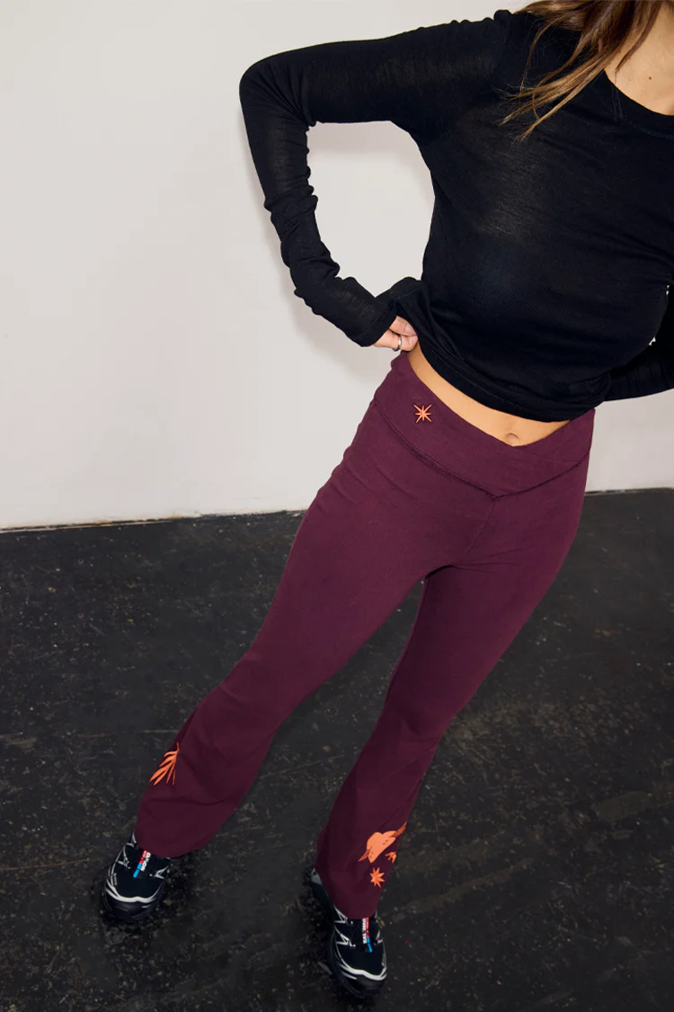 Burgundy Cotton Wide Leg Pants with Coral Embroidery - Image 6