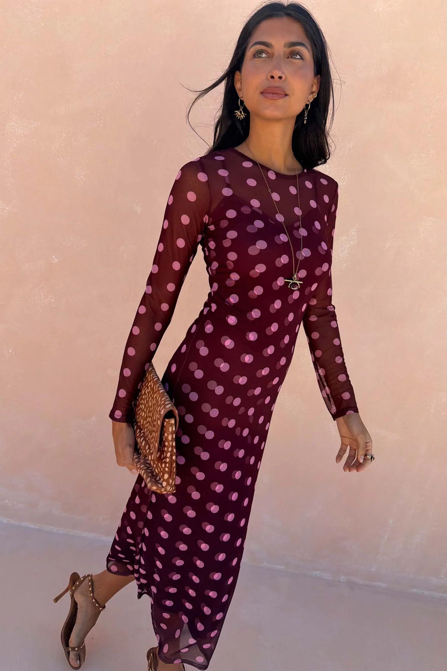 Burgundy Polka Dot Mesh Dress - Image 2