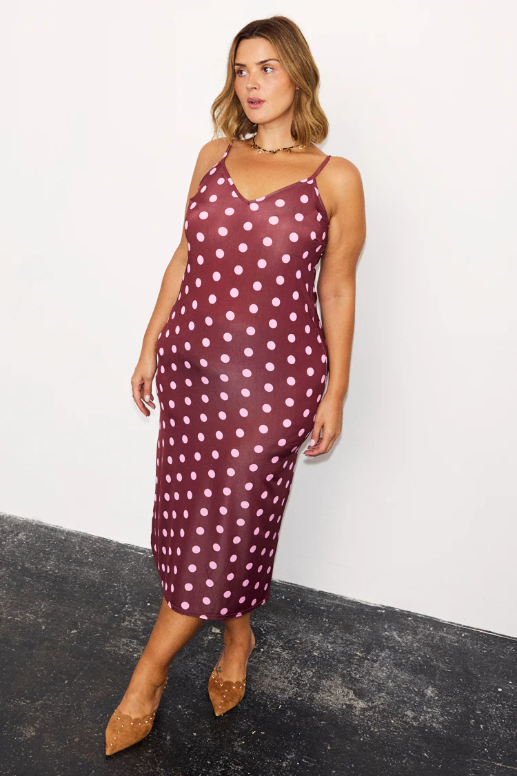 Burgundy Polka Dot Mesh Dress - Image 7