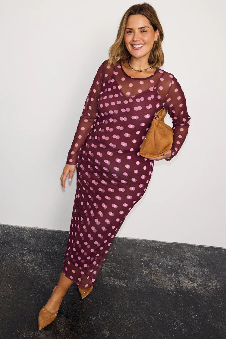 Burgundy Polka Dot Mesh Dress - Image 9