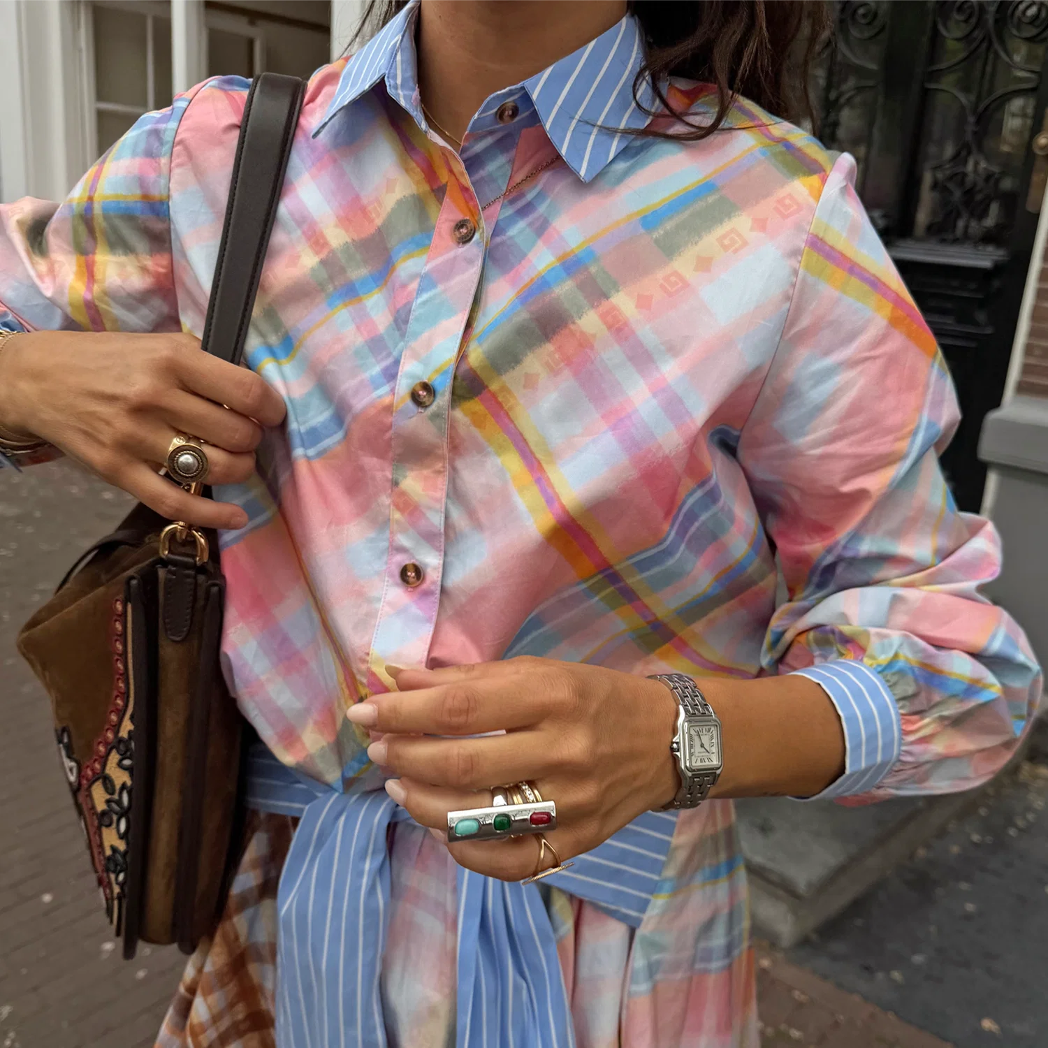 Check Shirt with Stripe Pussy Bow