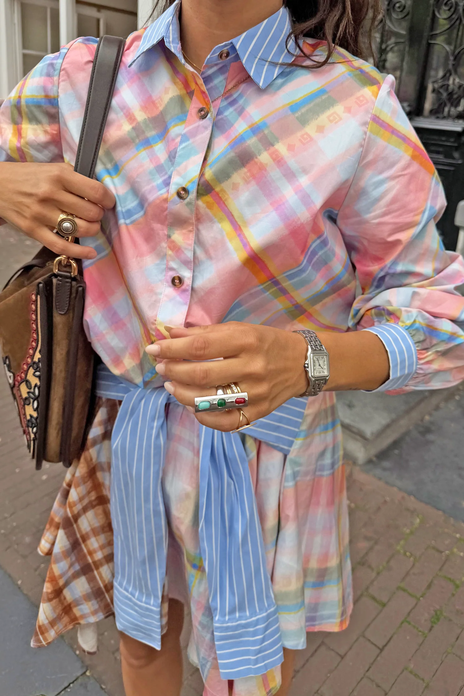 Check Shirt with Stripe Pussy Bow - Image 2