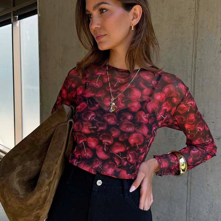 Cherry Mesh Long Sleeve Top