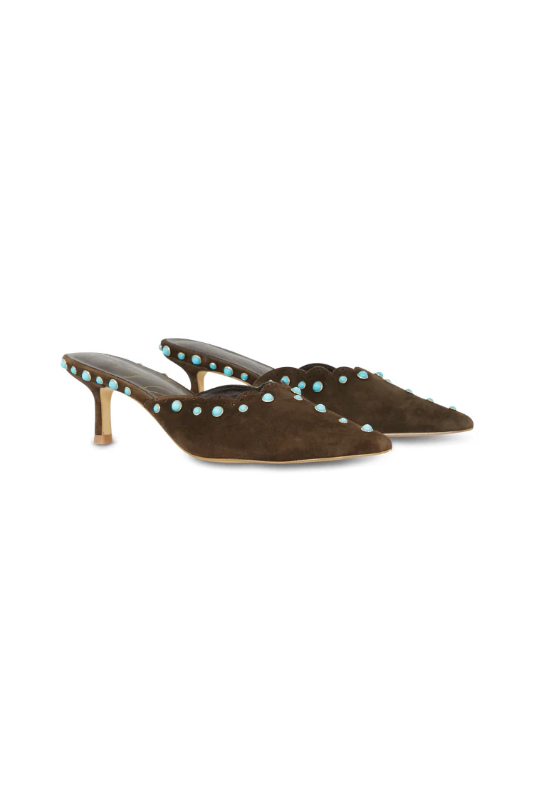 Chocolate Suede Mules with Turquoise Studs - Image 12