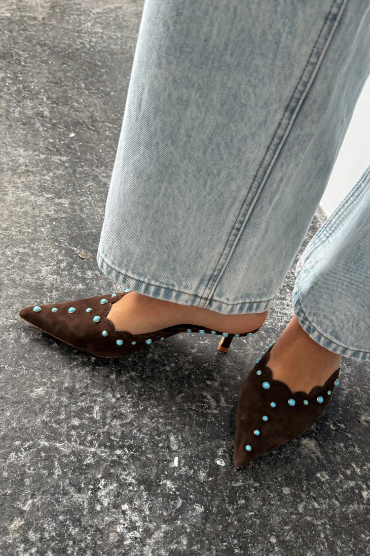 Chocolate Suede Mules with Turquoise Studs - Image 4