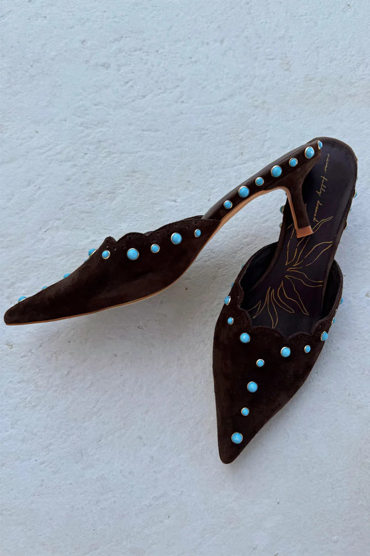 Chocolate Suede Mules with Turquoise Studs - Image 7