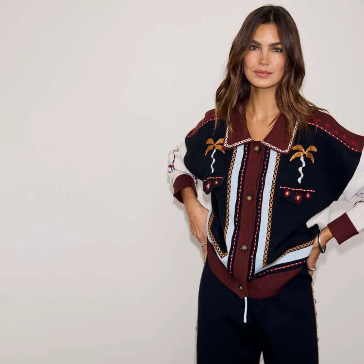 Geometric Knit Cardigan with Embroidery Detail