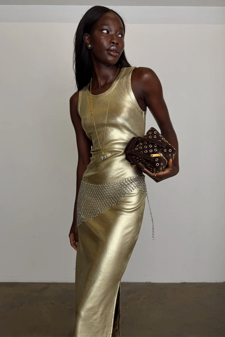 Gold Metallic Ribbed Dress - Image 8