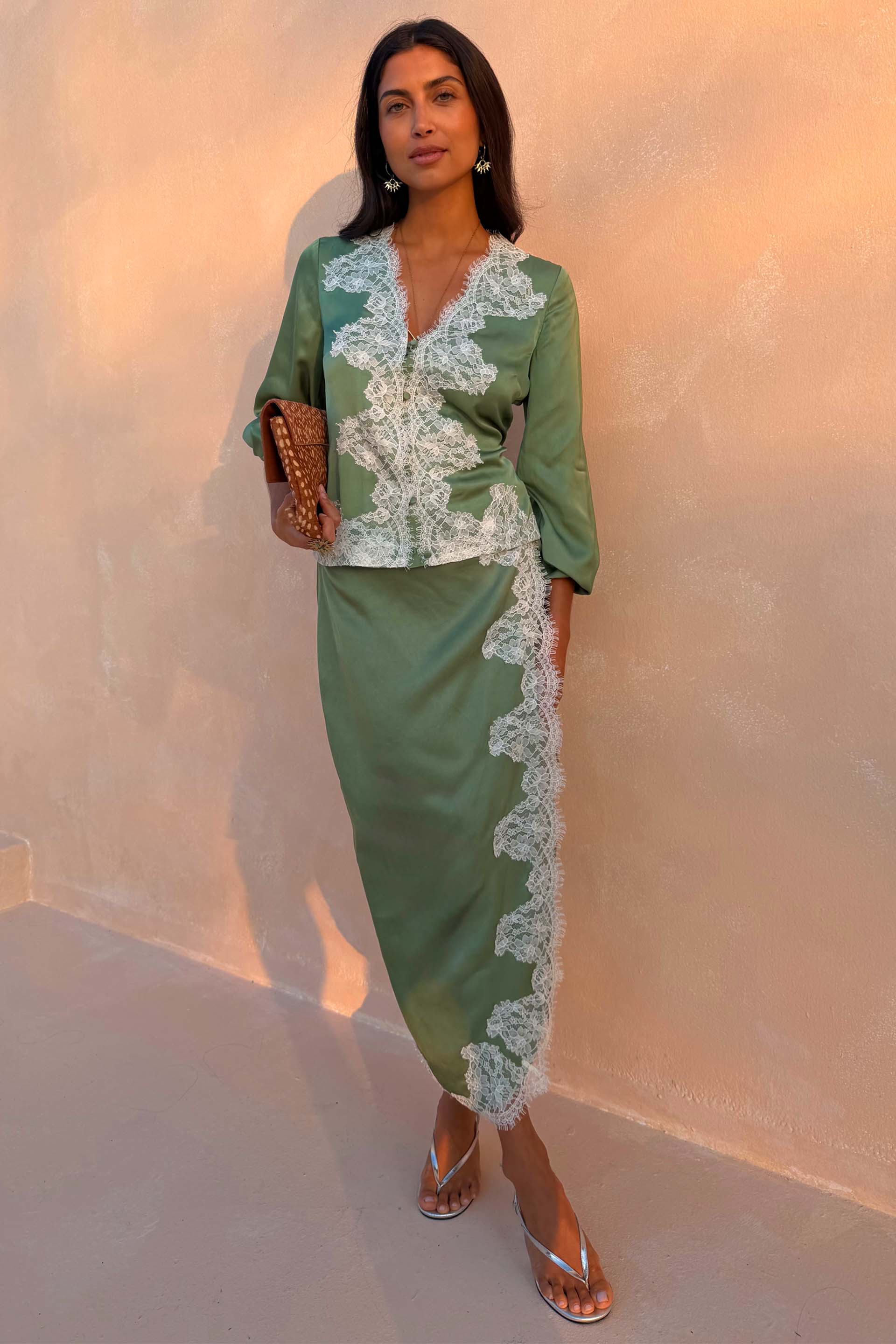 Green Lace Wrap Midi Skirt - Image 2