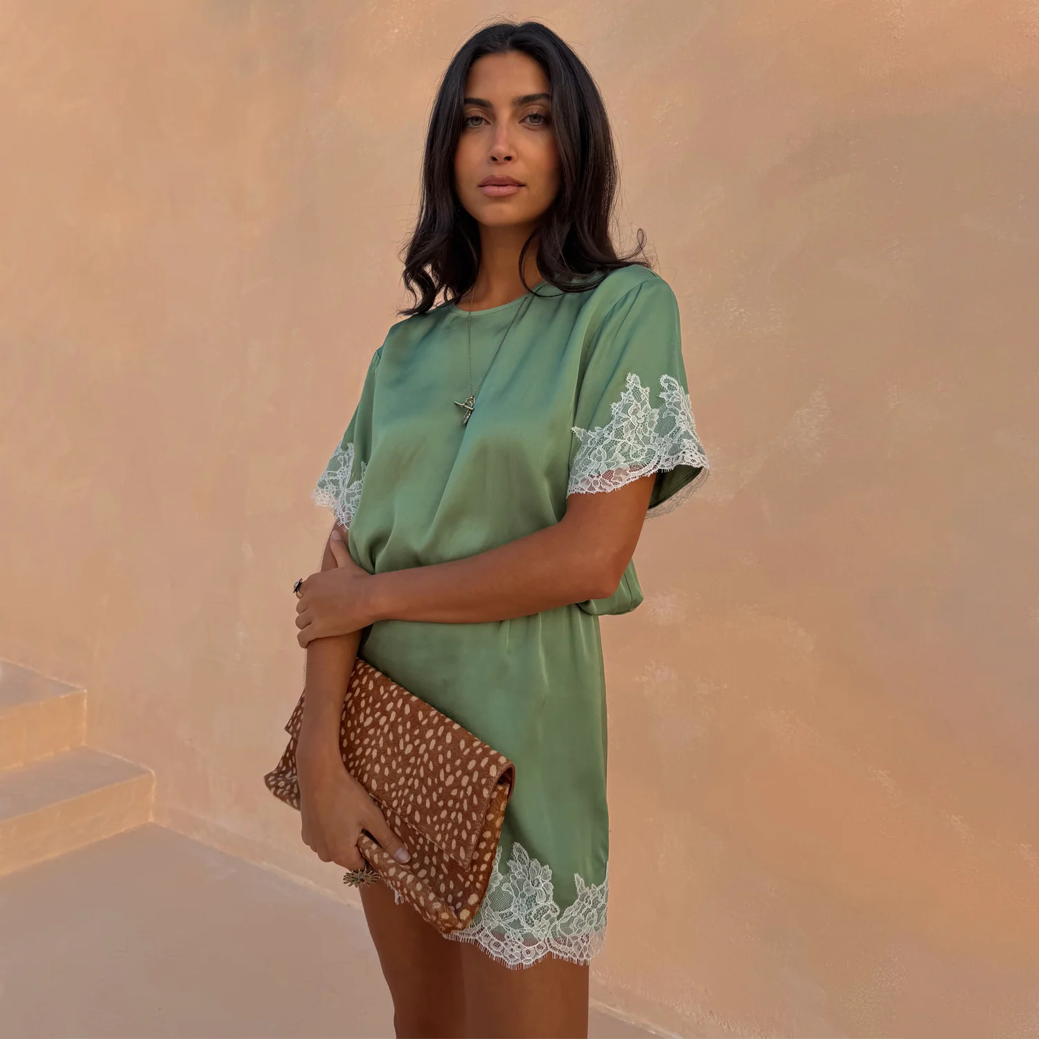 Green Mini Dress with Cream Lace