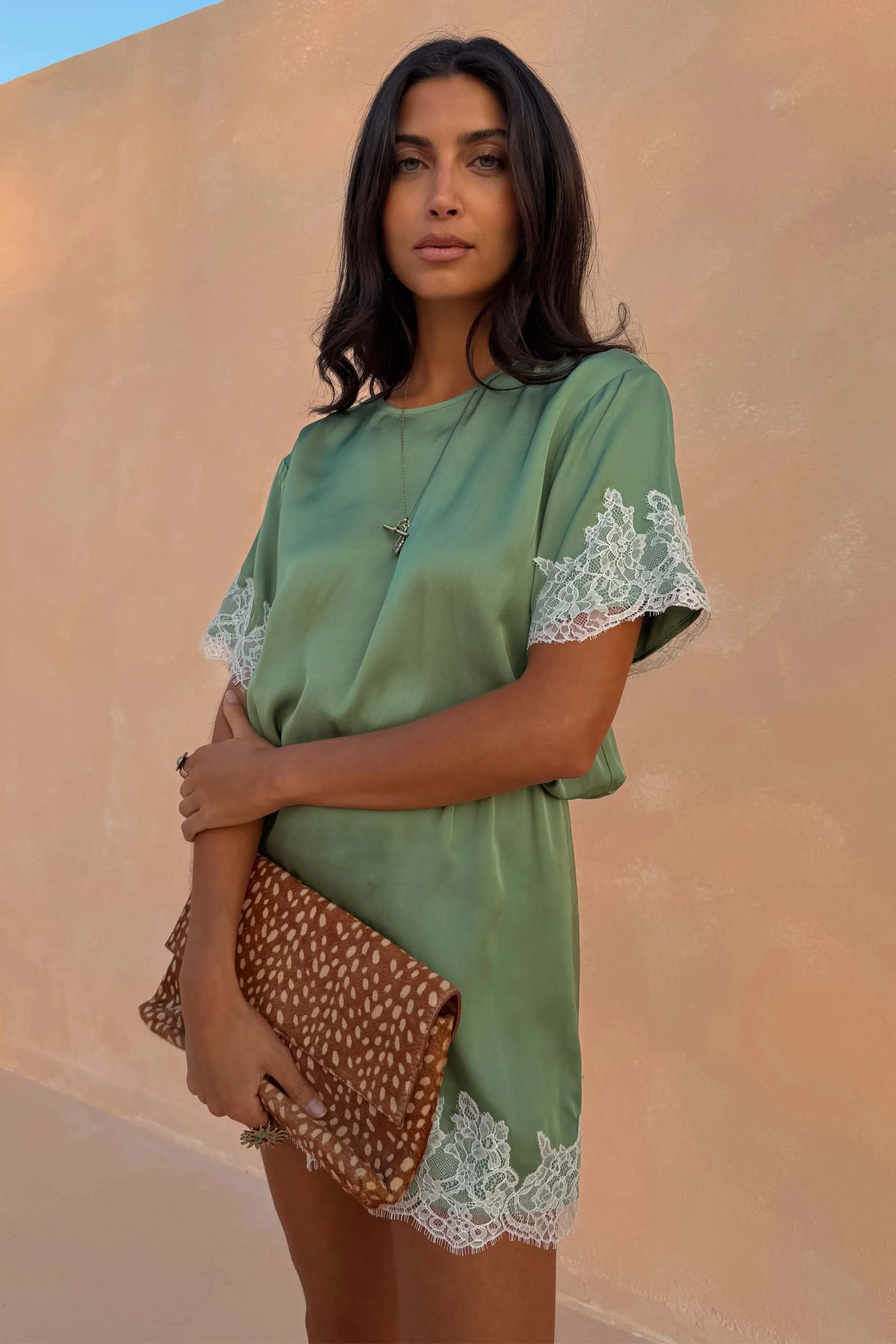 Green Mini Dress with Cream Lace - Image 2