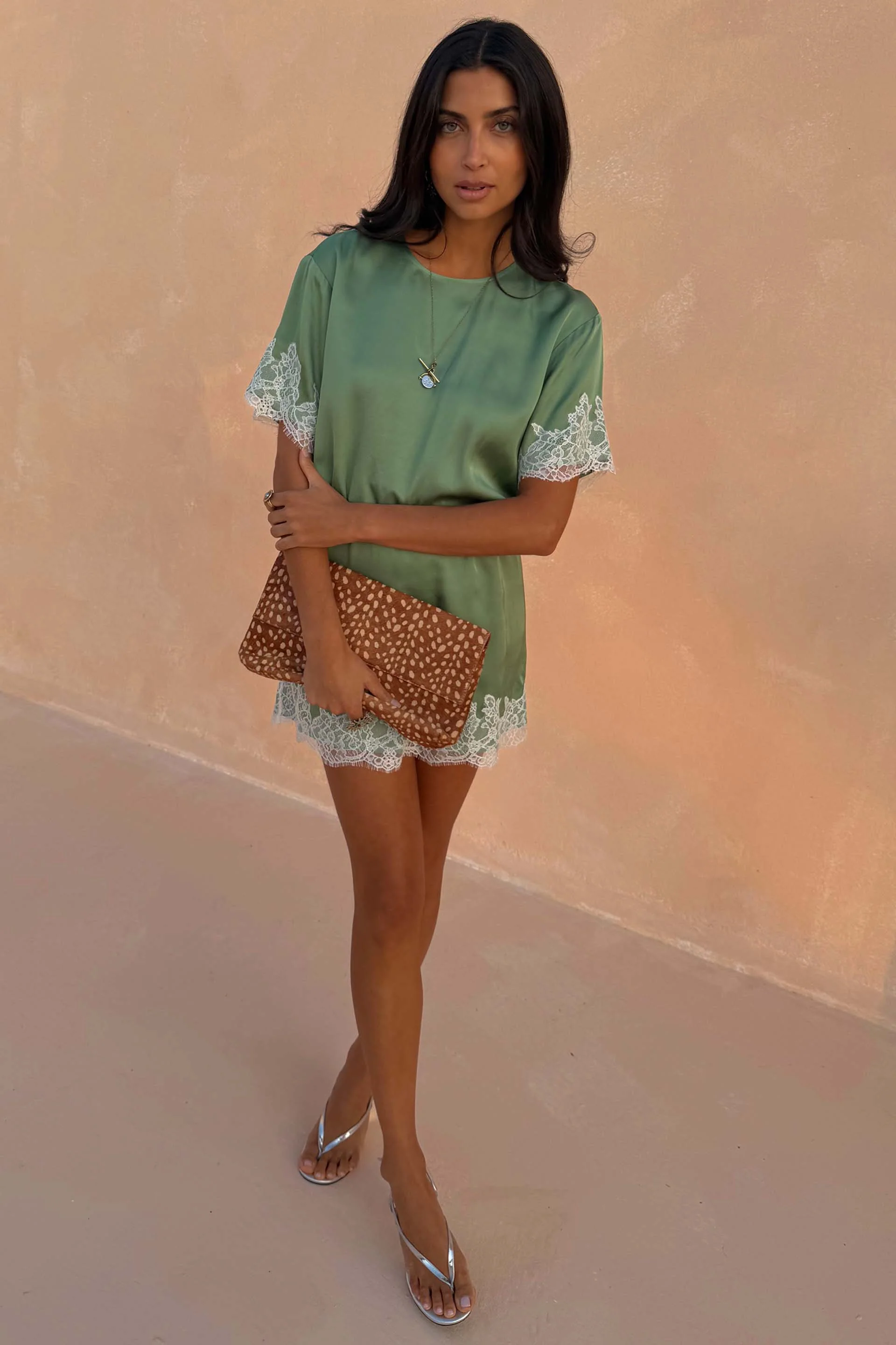 Green Mini Dress with Cream Lace - Image 3