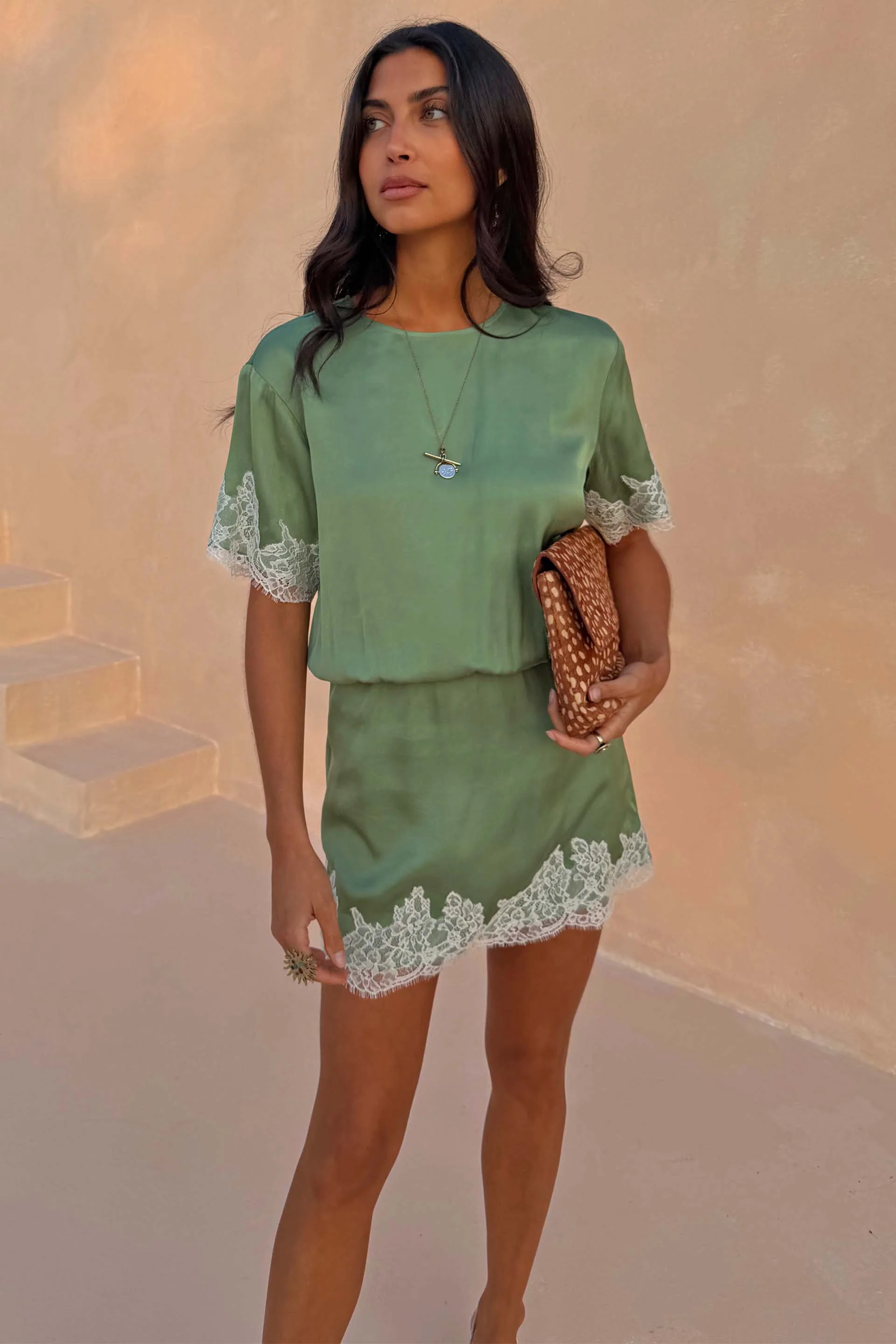 Green Mini Dress with Cream Lace - Image 4