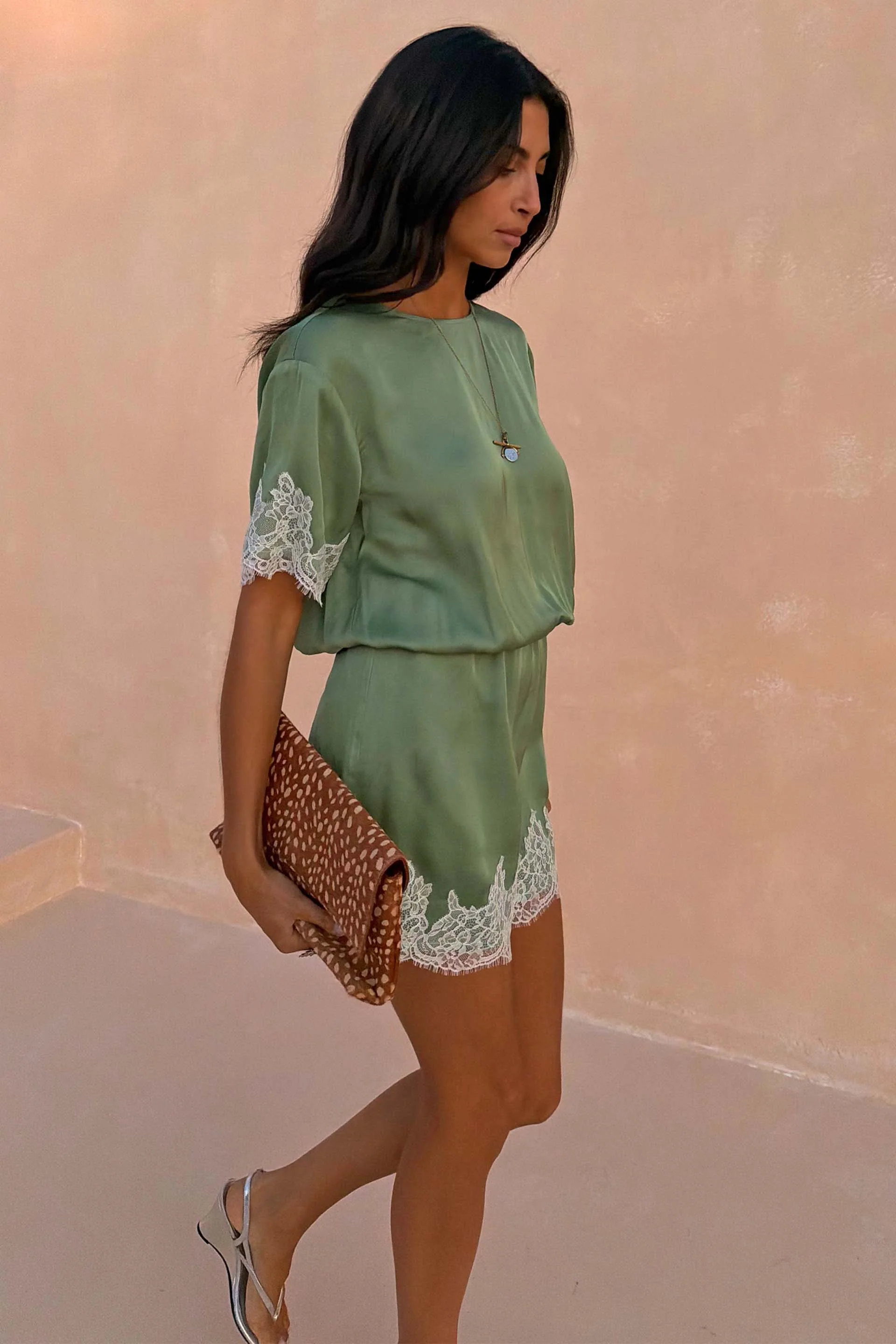 Green Mini Dress with Cream Lace - Image 5
