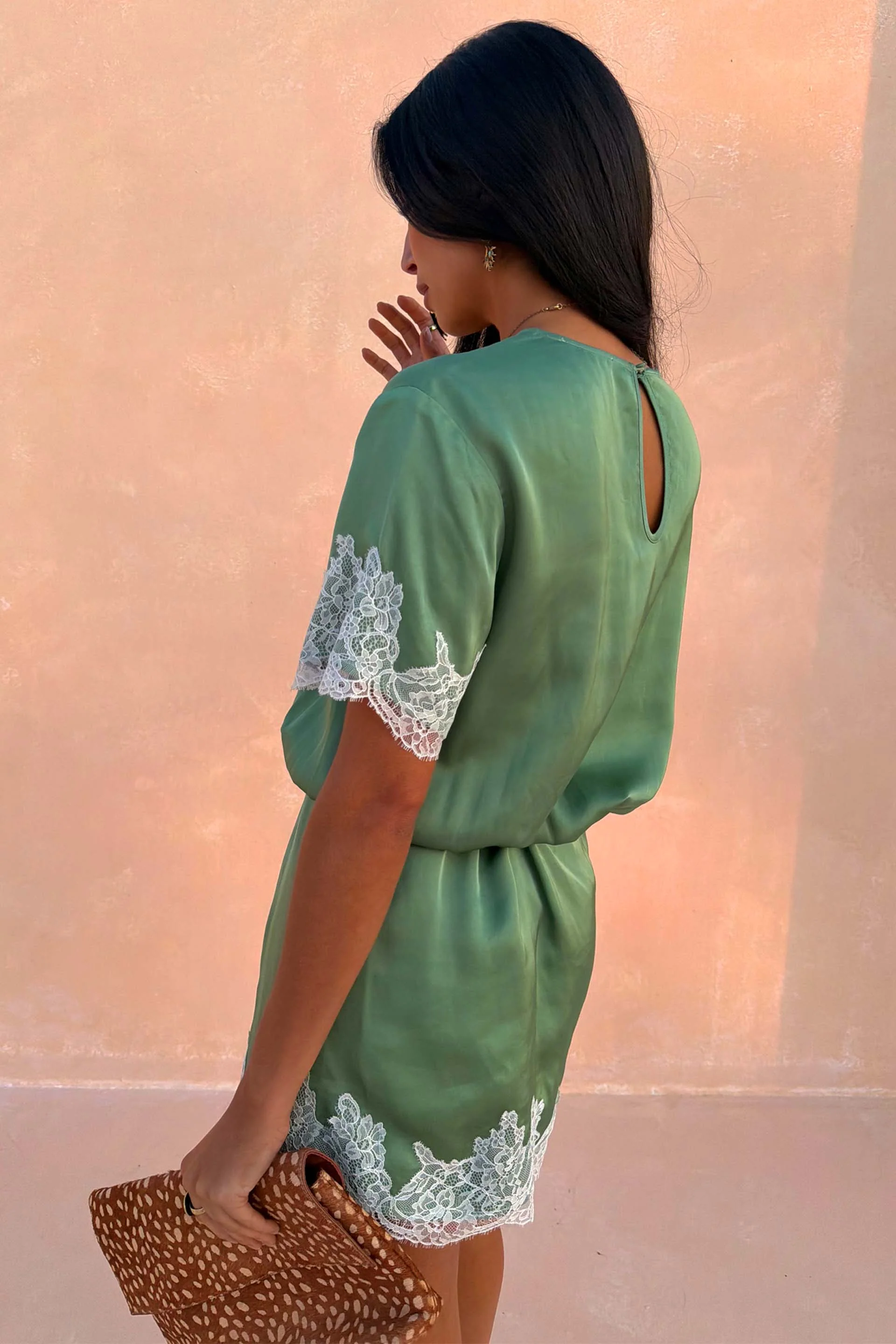 Green Mini Dress with Cream Lace - Image 6