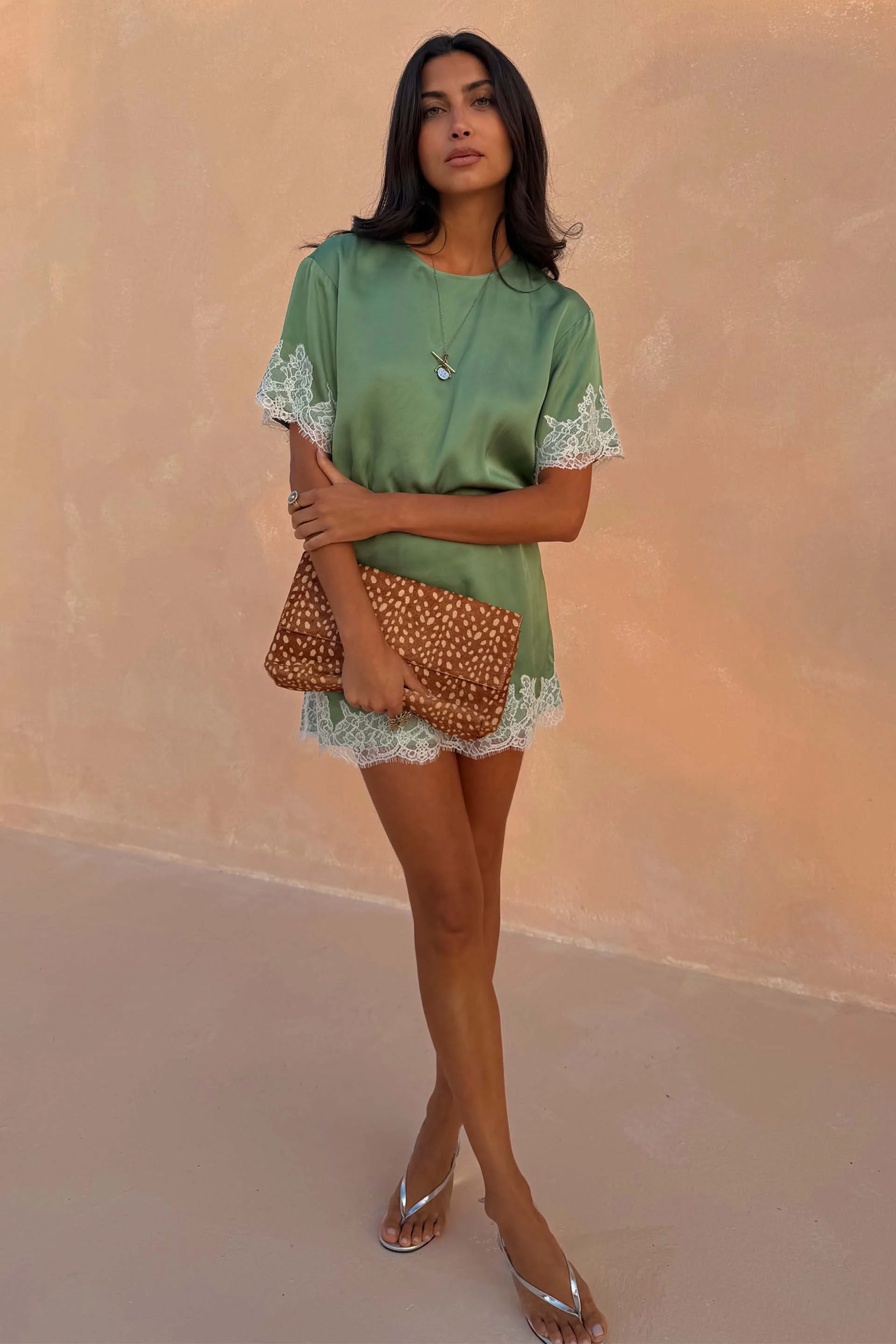 Green Mini Dress with Cream Lace - Image 7