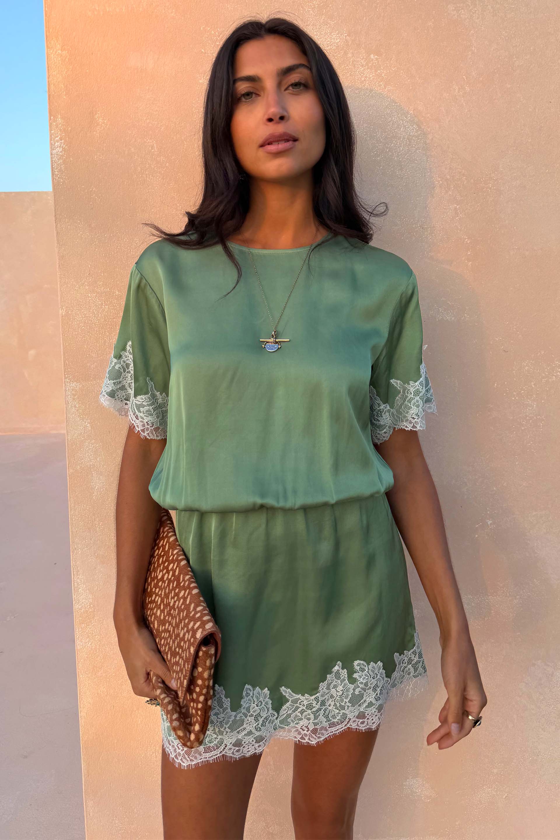 Green Mini Dress with Cream Lace - Image 8