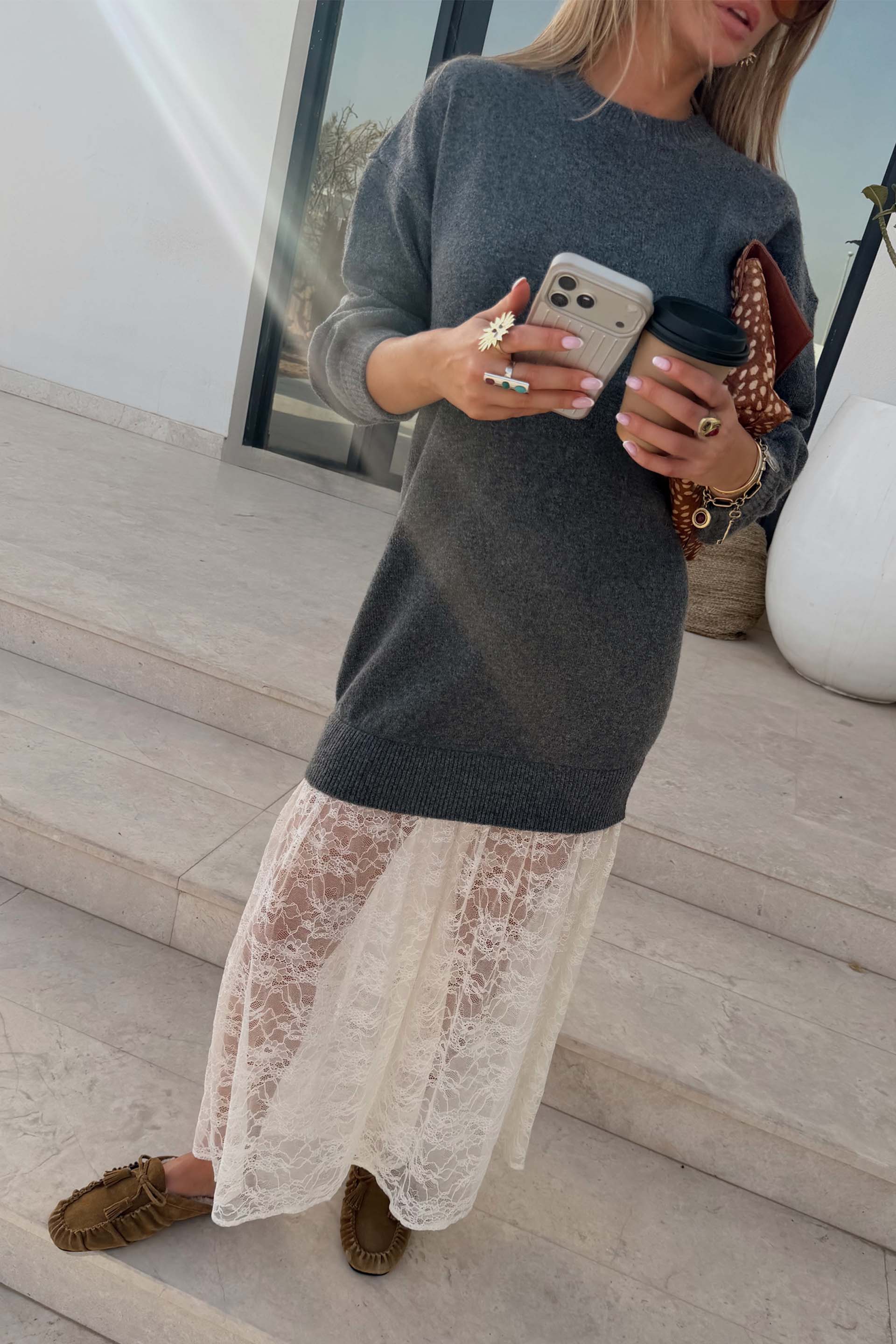 Grey Knit Jumper Dress with Sheer Lace Skirt - Image 3