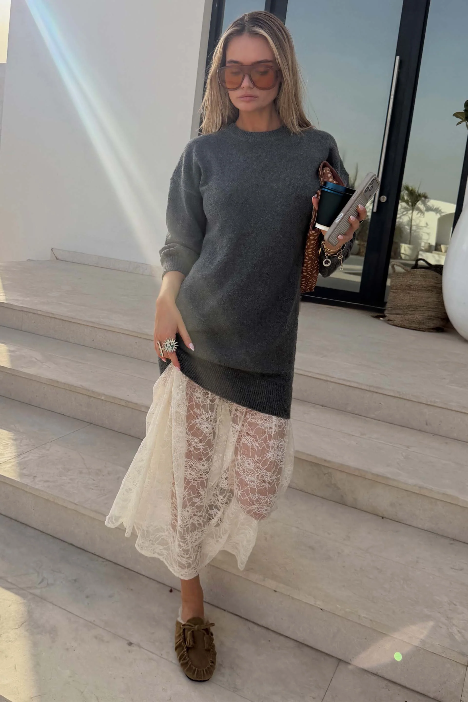 Grey Knit Jumper Dress with Sheer Lace Skirt - Image 5