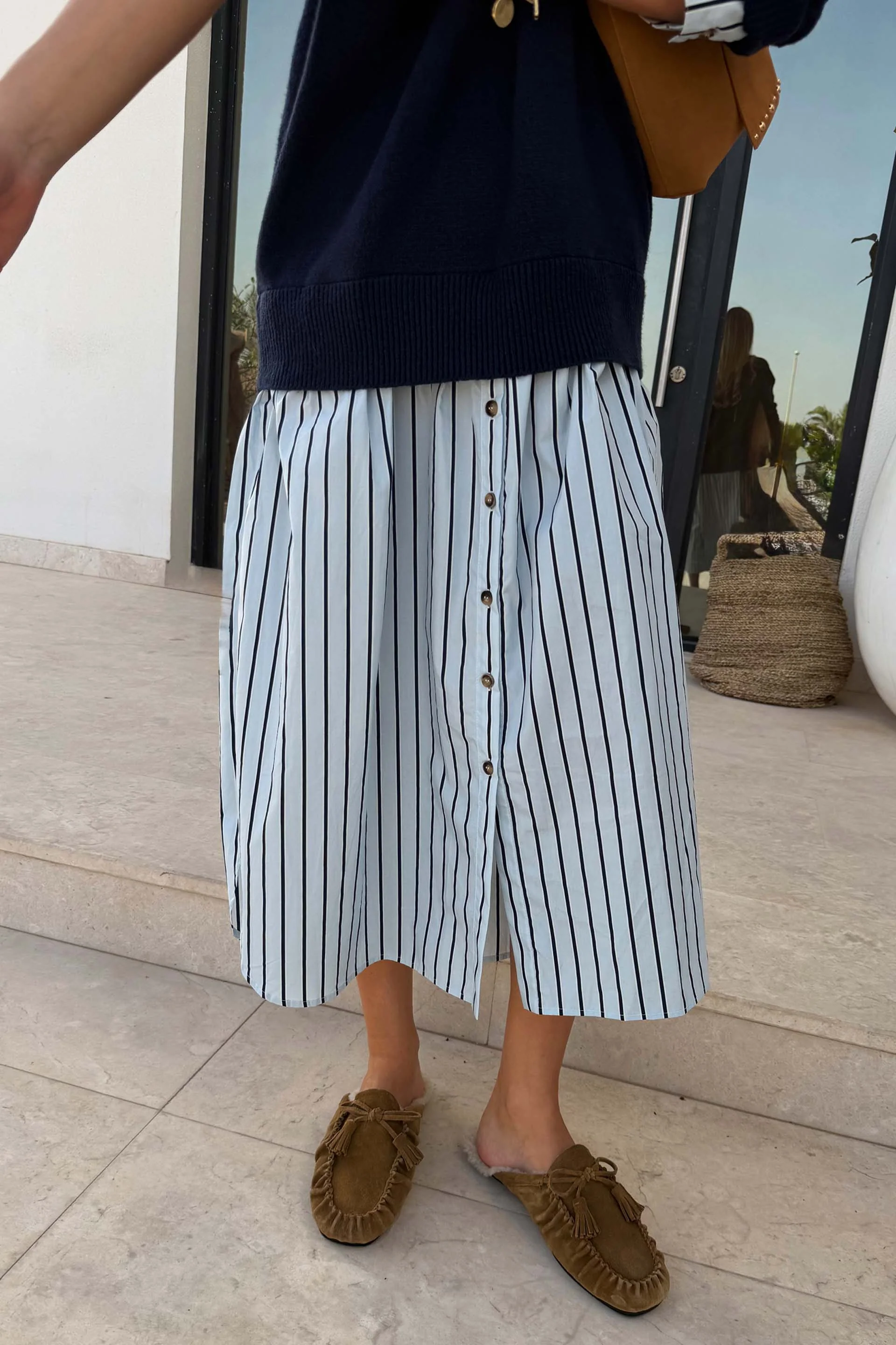 Navy Knit Jumper Dress with Stripe Cotton Skirt - Image 15