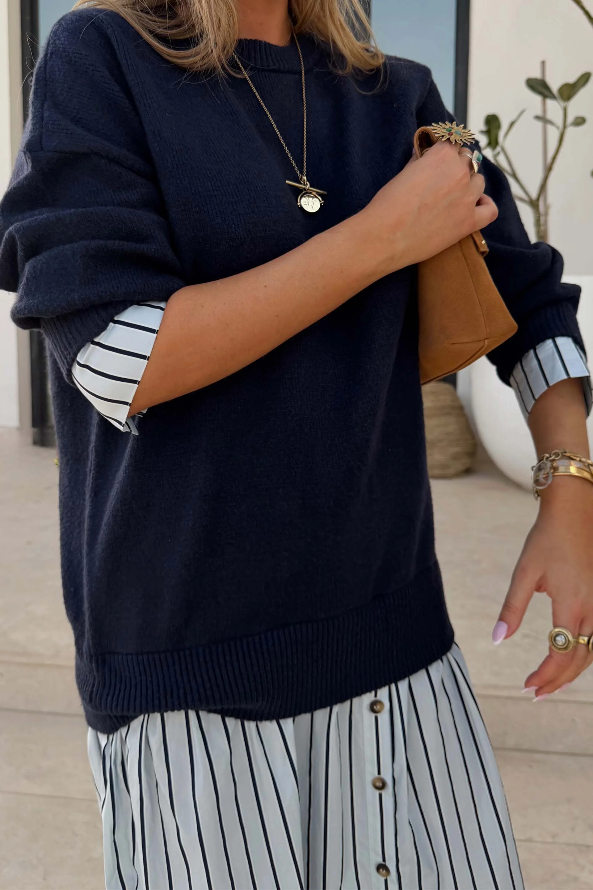 Navy Knit Jumper Dress with Stripe Cotton Skirt - Image 3