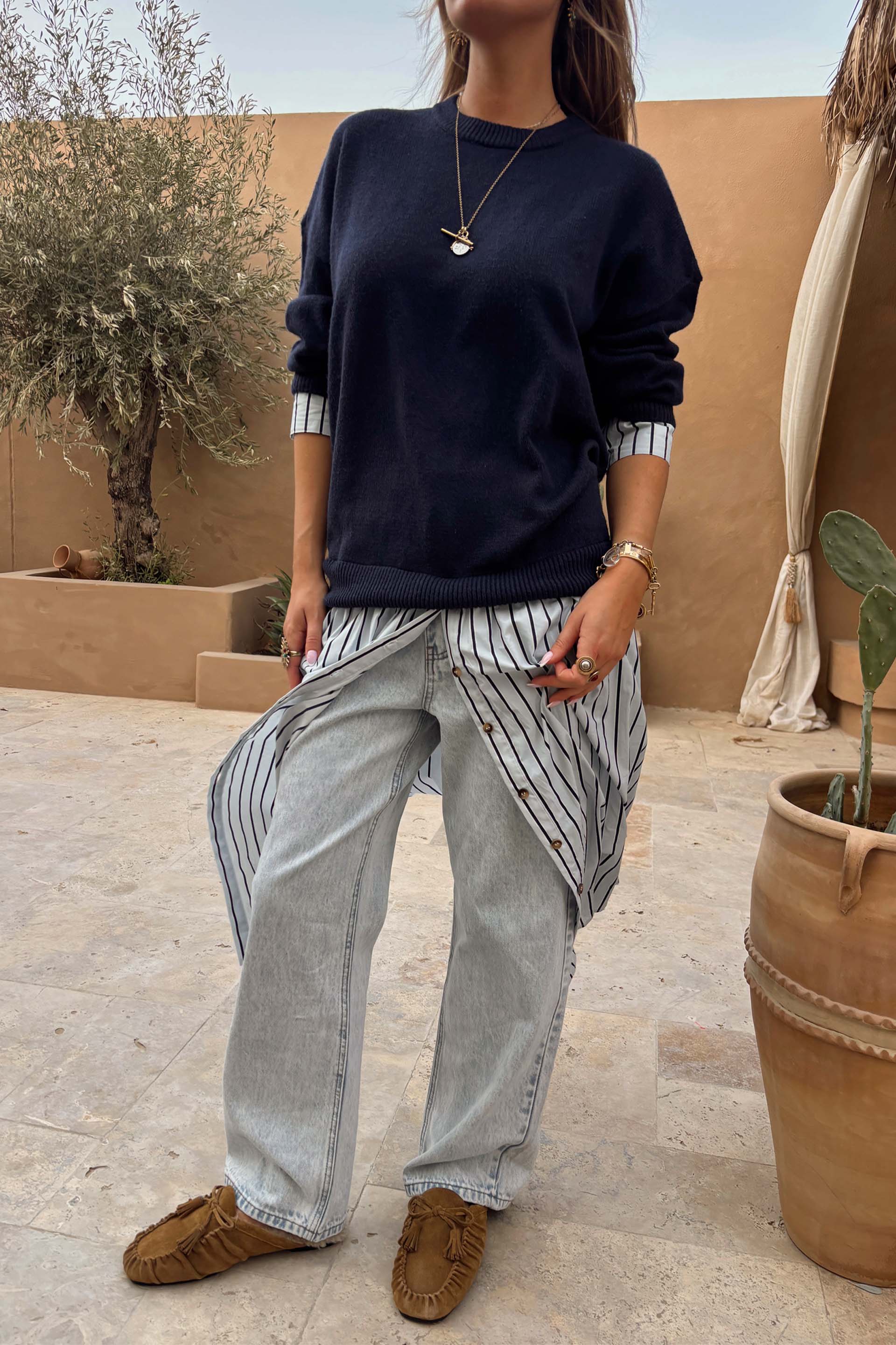Navy Knit Jumper Dress with Stripe Cotton Skirt - Image 7