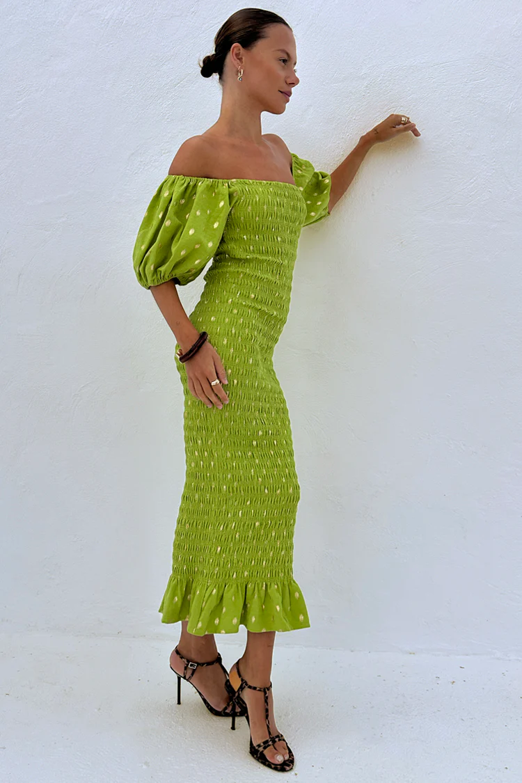 Olive Jojo Dress with Gold Fleck - Image 8