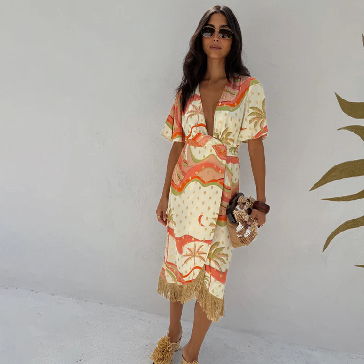 Pastel Palm Ceryes Wrap Dress Petite