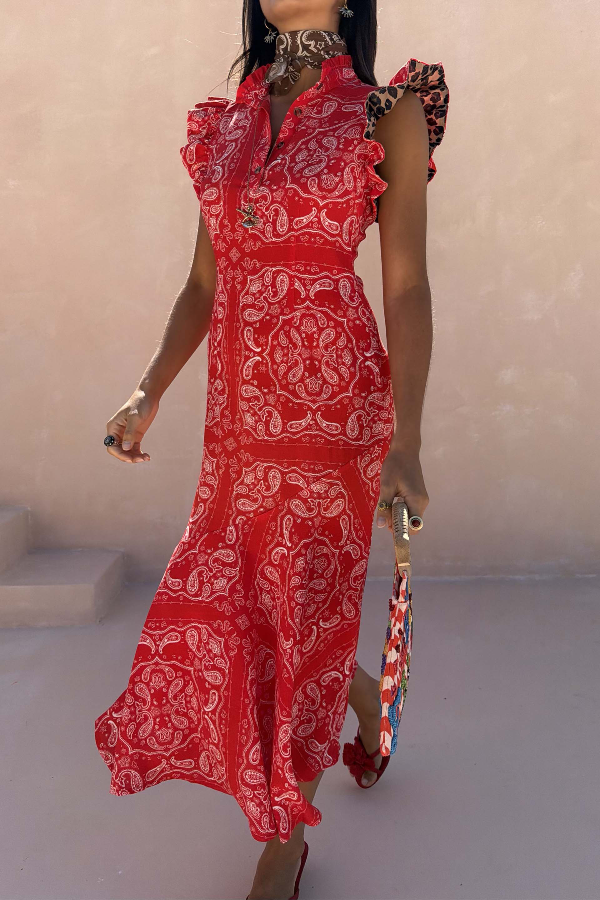 Red Bandana Remi Dress with Leopard Sleeve - Image 2