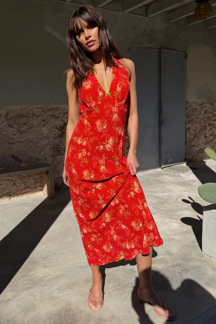Red Floral Halter Dress - Image 9