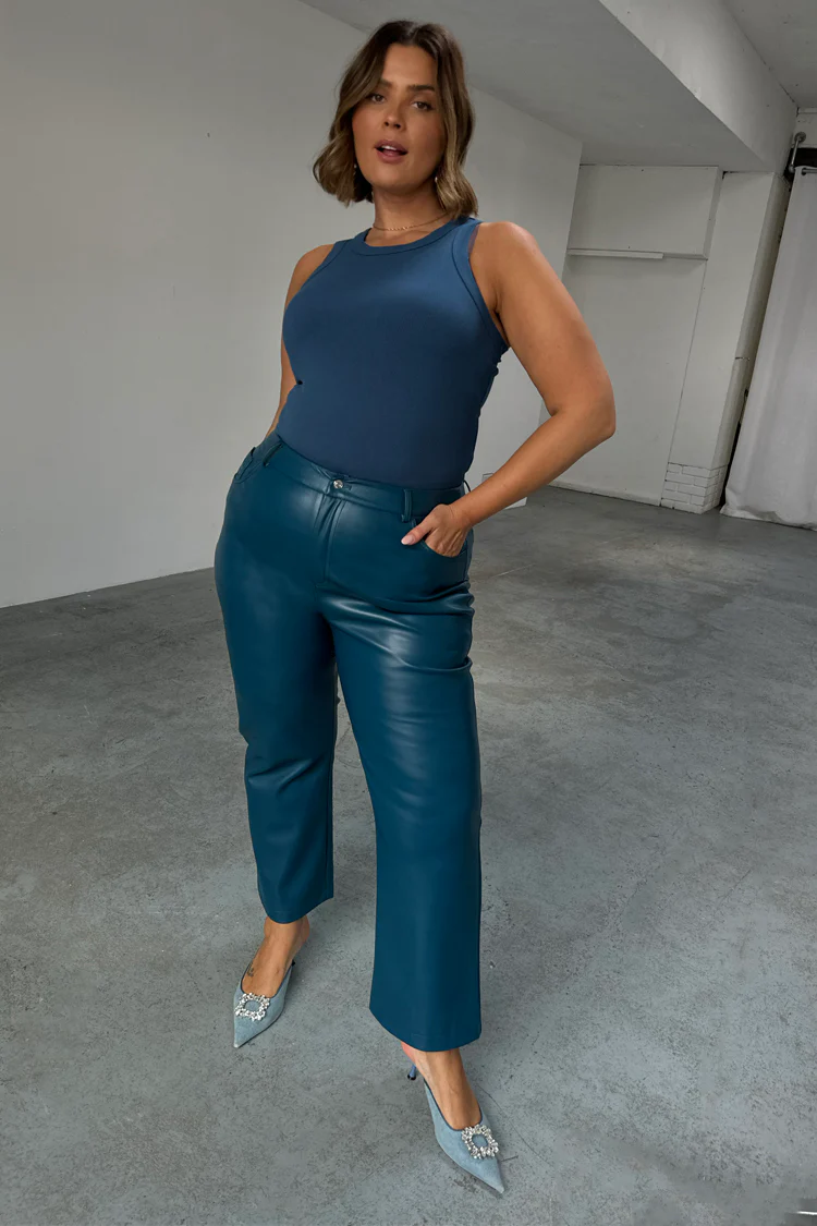 Teal Vegan Leather Trousers - Image 3