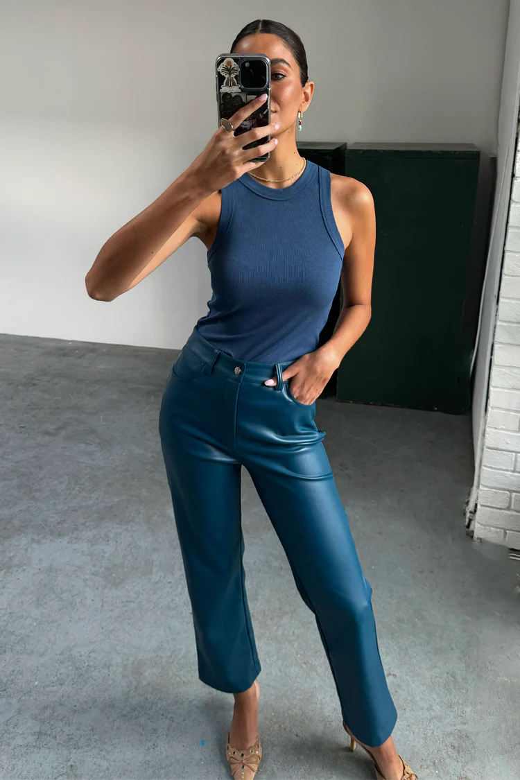 Teal Vegan Leather Trousers - Image 4