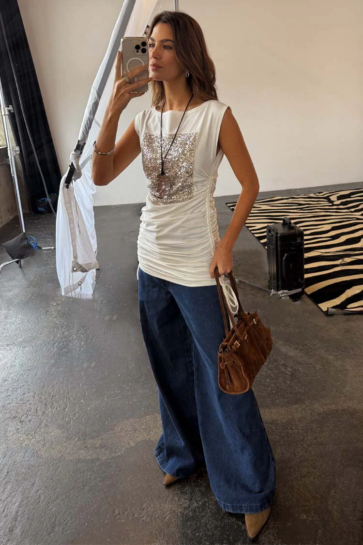 White Sequin Ruched Dress - Image 8
