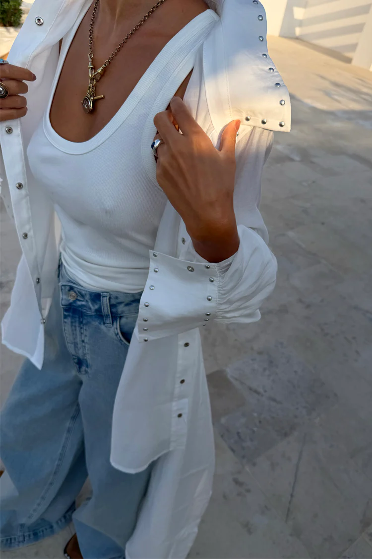 White Studded Tie Back Shirt - Image 2