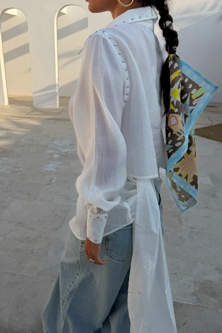 White Studded Tie Back Shirt - Image 4